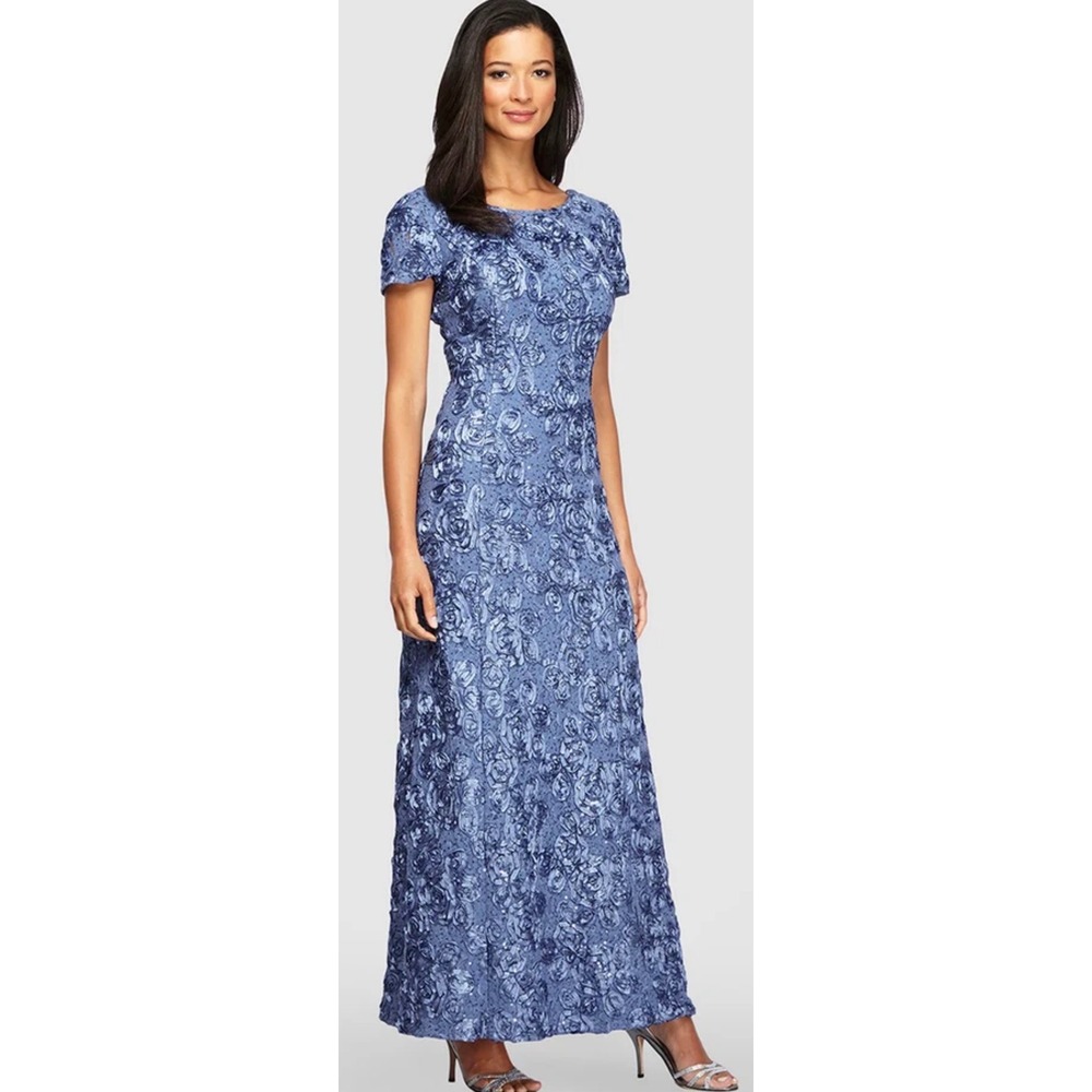 Alex Evenings Evelyn Lace Boatneck A-Line Gown Blue Sequin Maxi Dress 14 READ